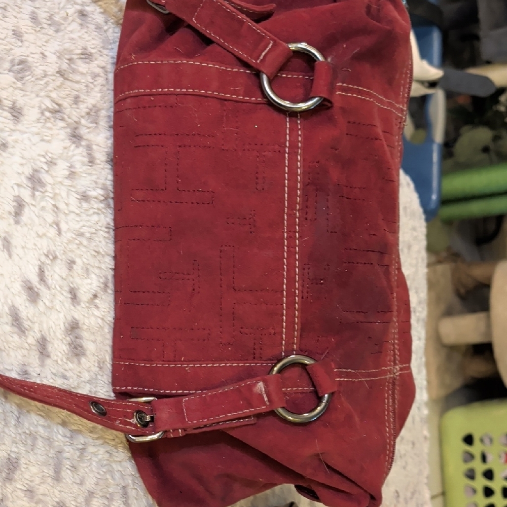 Tommy Hilfiger Red Suede Shoulder Bag with Silver Hardware